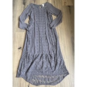 Sundance Womens Size 2 Gray Lace Chiffon Dress Maxi Midi Length Gray Long Sleeve
